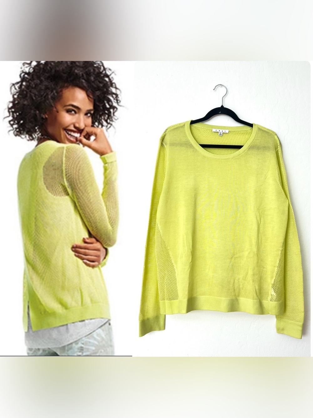 Cabi Neon Green Split Back Mesh Knit Sweater